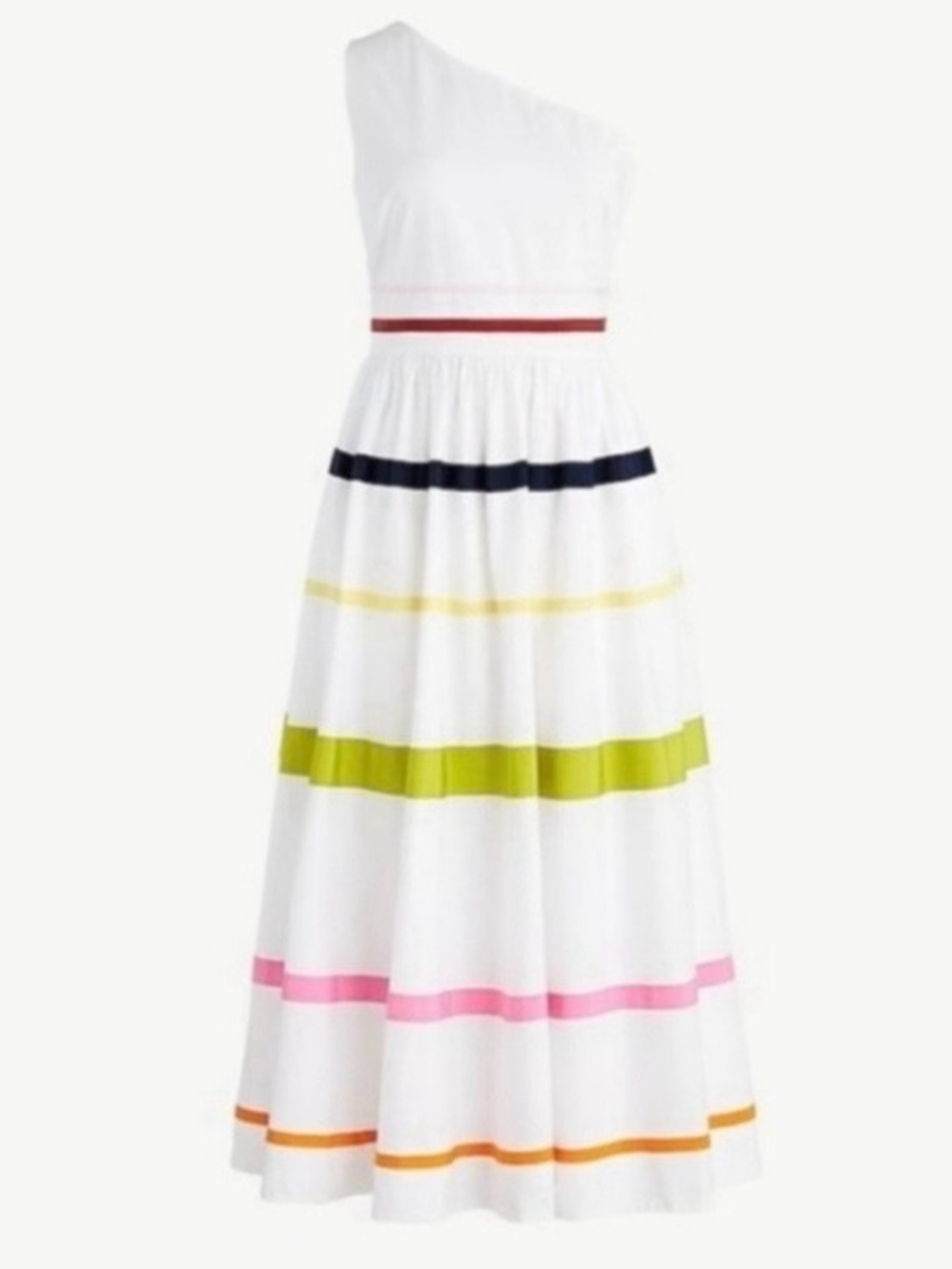 J Crew Lisbon Dress Cotton Poplin White Stripes One Shoulder Midi 100% Cotton